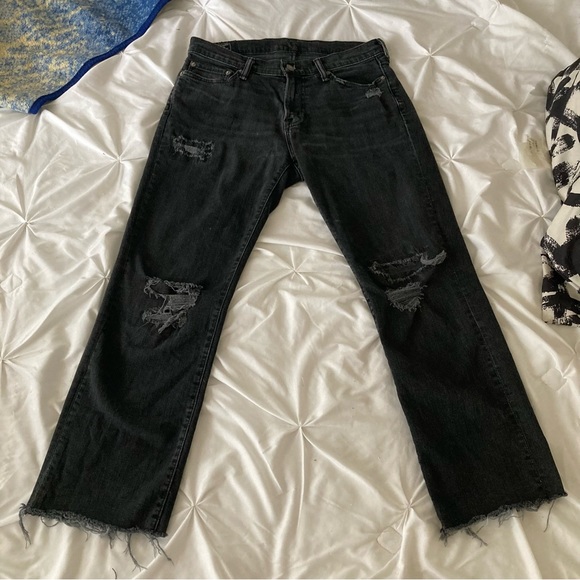 Abercrombie & Fitch Kennan Straight 30x32 black distressed raw hem stretch jeans - Picture 2 of 10